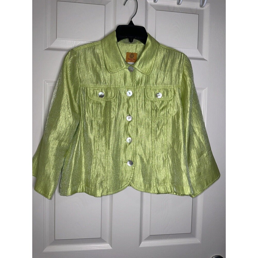 Ruby Rd Button Up Women’s Blazer Top Lime Green Crinkle Metallic Petite Sz 12P